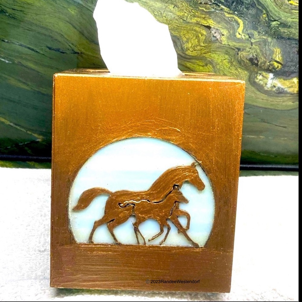 Hand Crafted Equestrian Tissue Box Cover Luminary Restored Antiqued